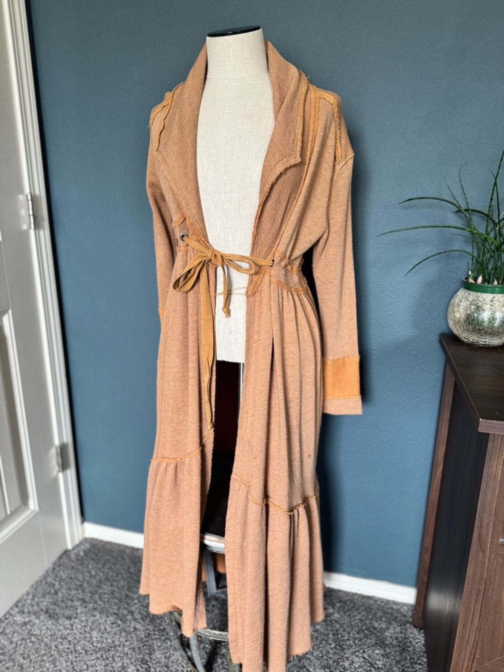 Free People Camel Knit Tie-Waist Cardigan